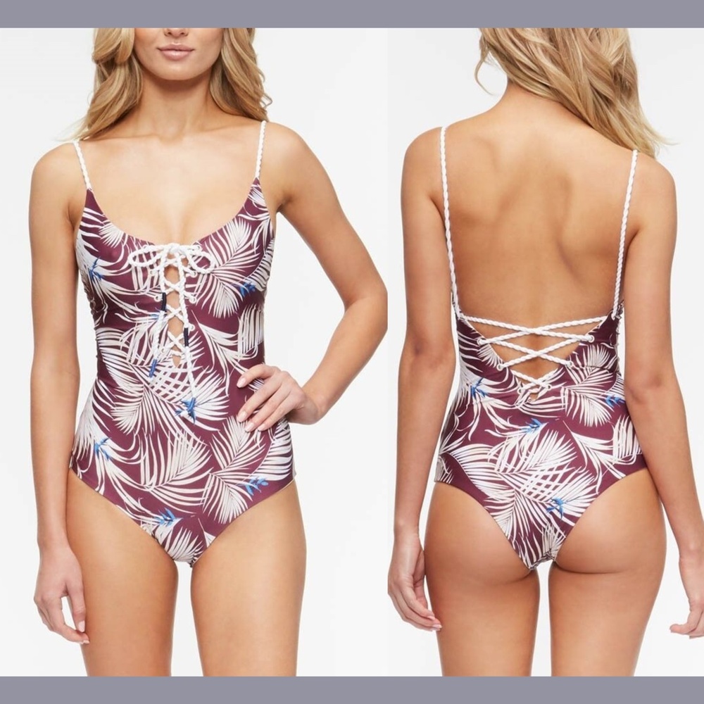 NWT TAVIK [ XS ] Monahan Rope Lace Up One Piece Swimsuit Latona‎ Palm Merlot